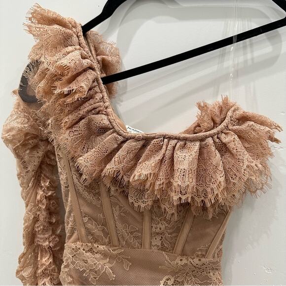 NWT House Of CB Adele Biscuit Asymmetrical Mini Ruffle Dress. - Picture 9 of 15